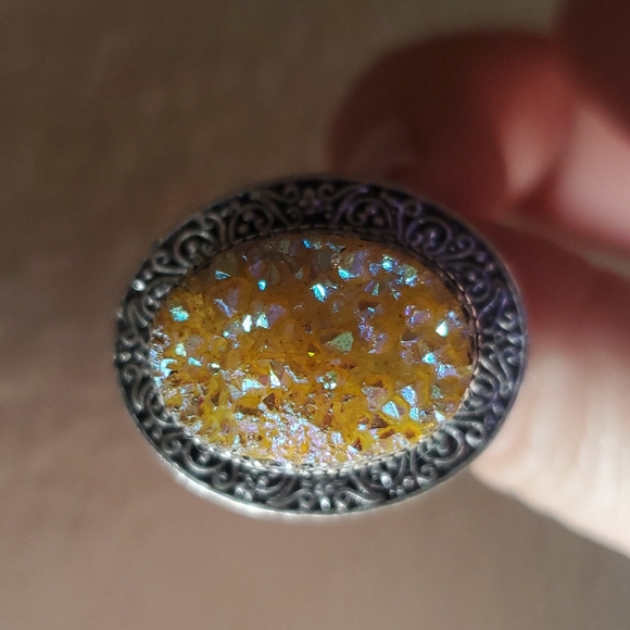 New Yellow Titanium Crystal Druzy 925 Silver Statement Ring. - Picture 13 of 16